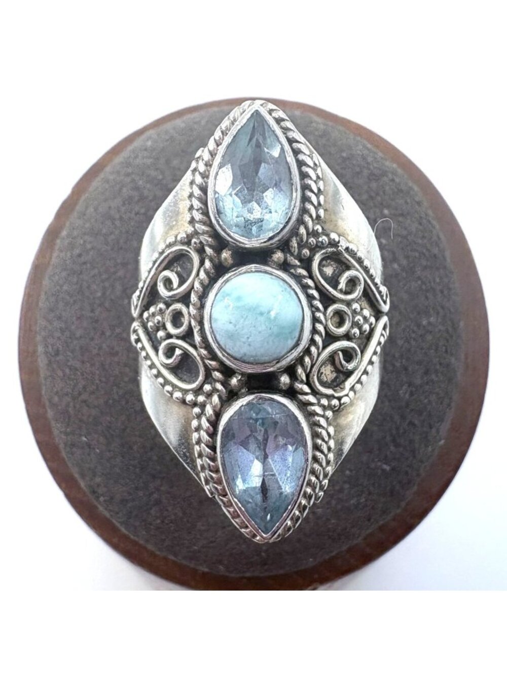 Larimar & Topaz Sterling Silver 925 Scroll Design Statement Ring Size 7.75